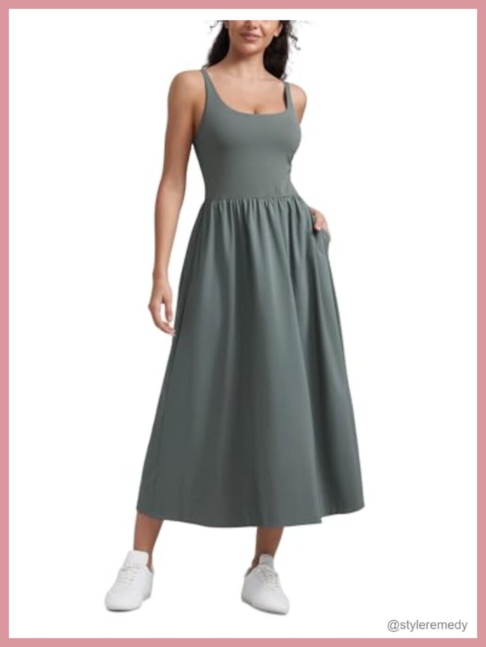 Square Neck Maxi Casual Dress Sleeveless Built-in Bra Pockets